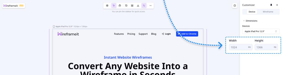 Resizing a website's Viewport using a custom width and height with Wireframeit