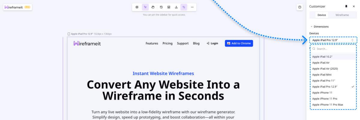 Resizing a website's Viewport using predefined devices with Wireframeit