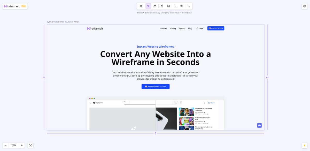 Resizing a website's Viewport using Wireframeit