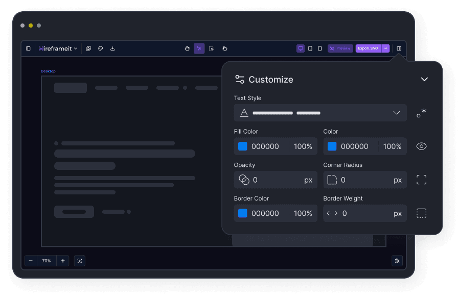 Customize Your Design Before Exporting, Export a Full Design or a low-fidelity Wireframe.